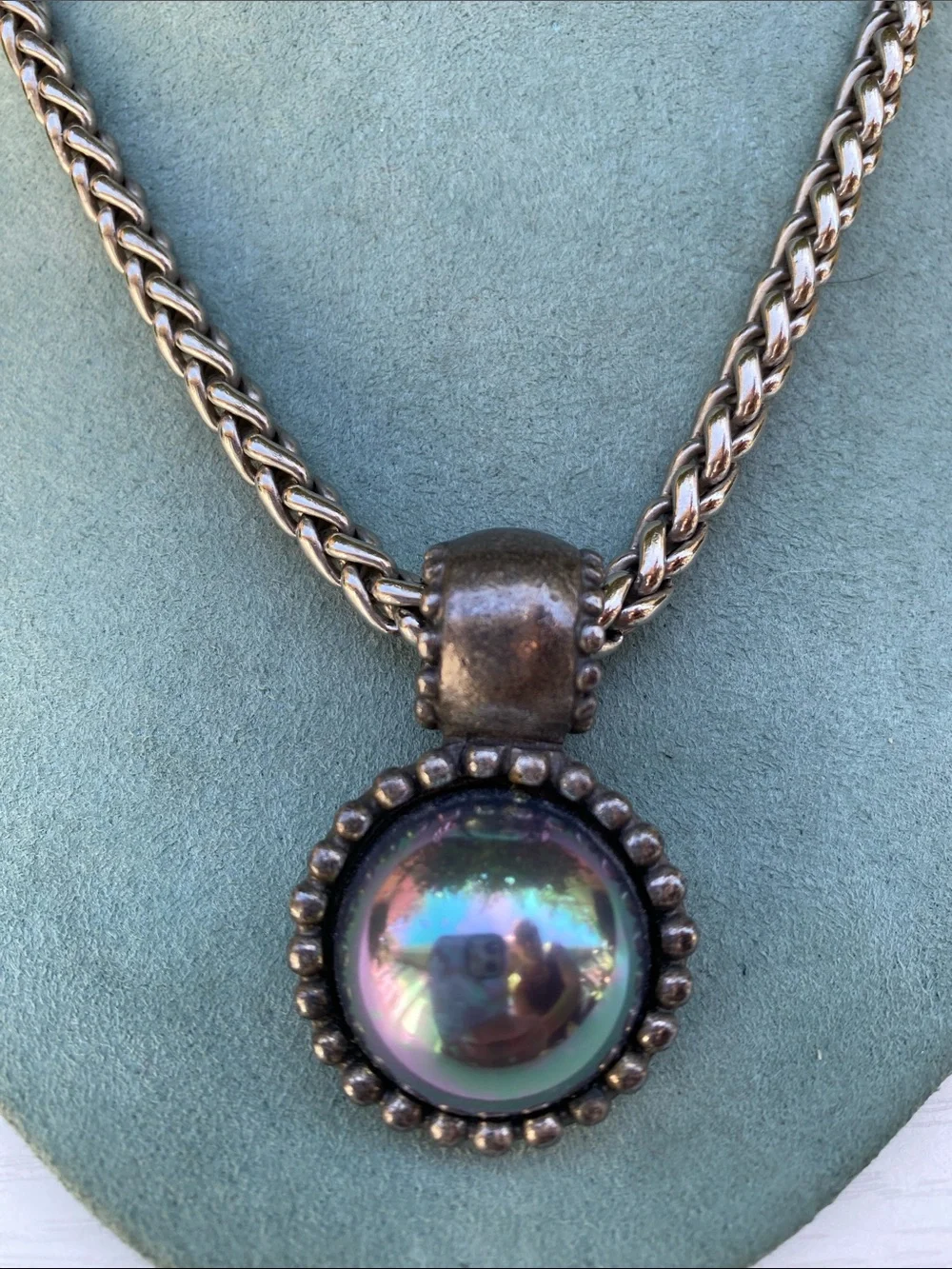 Vintage Iridescent Cabochon Pendant Silver Tone Statement Necklace